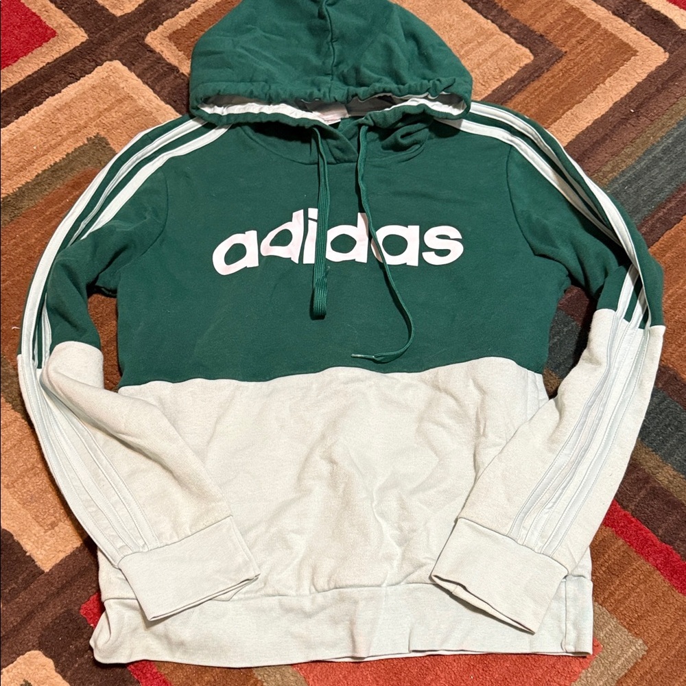 Adidas Men's Green and Cream Hoodie